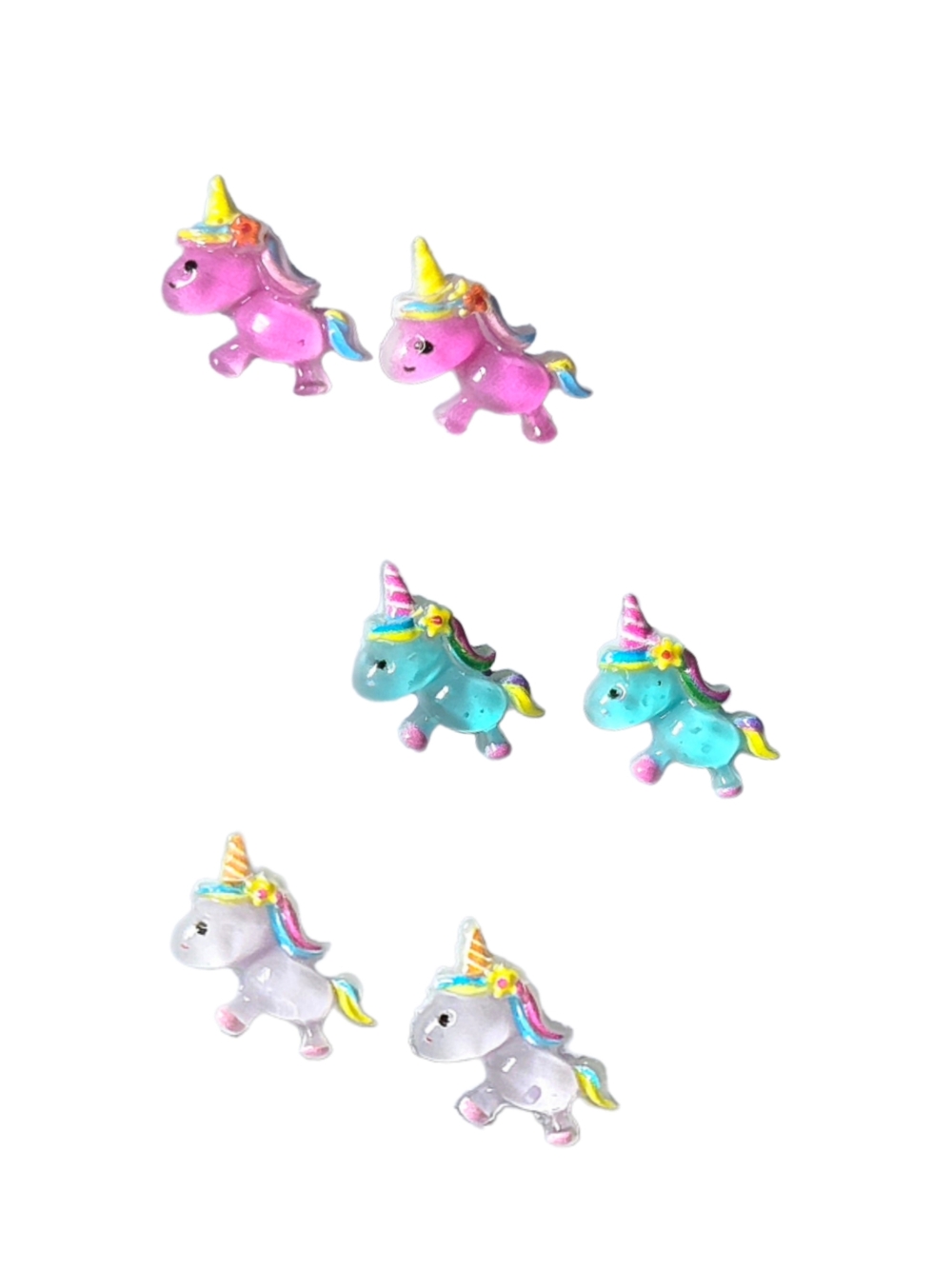 3 Pairs Of Cute Unicorn Stud Earrings - Pink, Teal, White